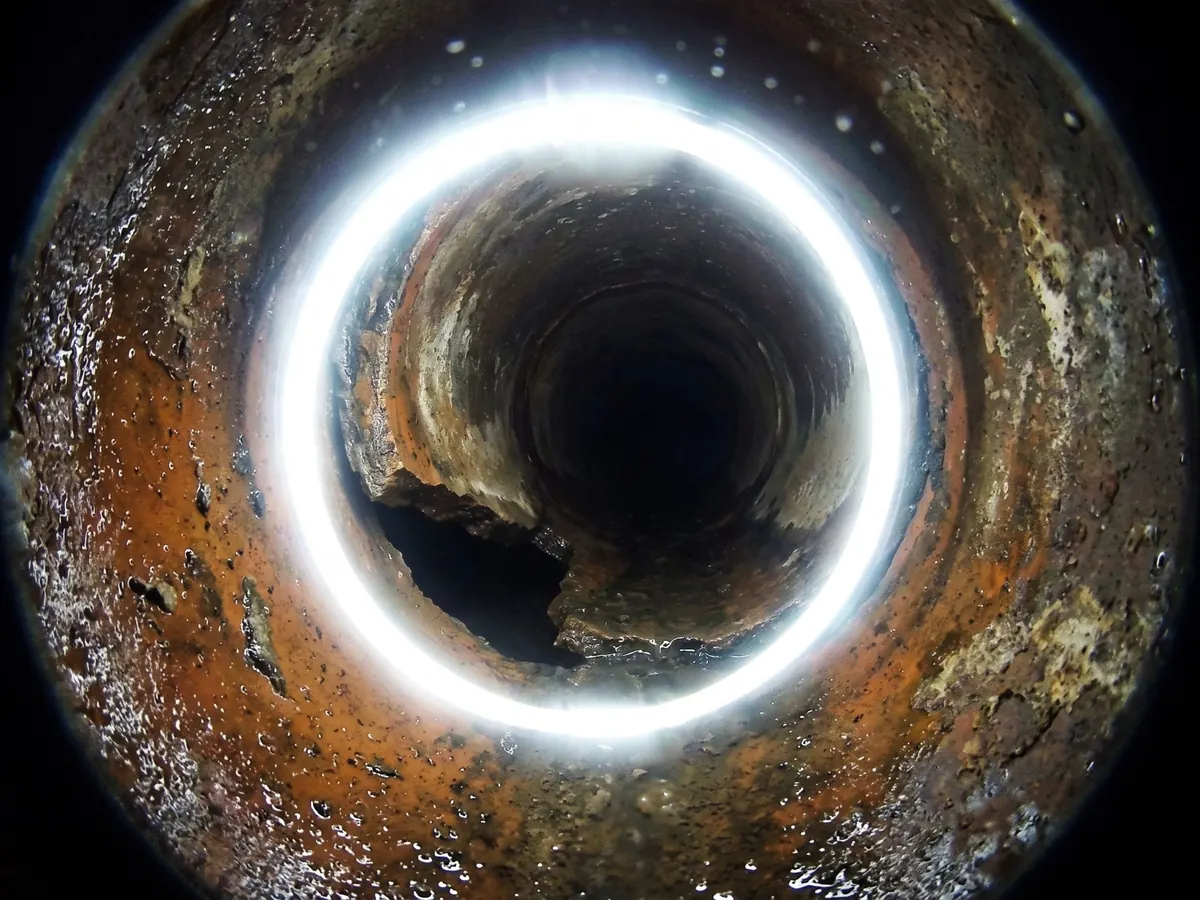 Sewer camera view of two pipe sections misaligned at a joint