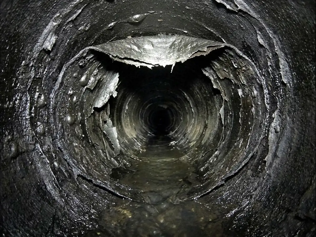 Sewer camera view of black fiber Orangeburg pipe with the top sagging inward and layers peeling away